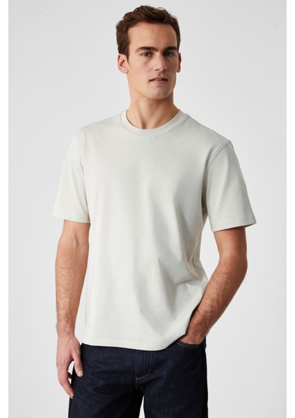 Solo Erkek Organik Pamuklu Kalın Dokulu Comfort Fit Bisiklet Yakalı Açık Bej T-Shirt