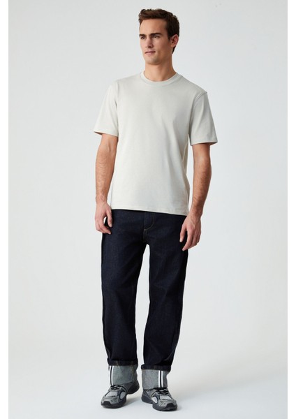 Solo Erkek Organik Pamuklu Kalın Dokulu Comfort Fit Bisiklet Yakalı Açık Bej T-Shirt