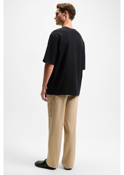 Maıne Erkek Nakış Detaylı %100 Organik Pamuk Oversize Bisiklet Yaka Siyah T-Shirt