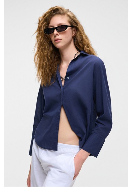 Varazdın Kadın Oversize Uzun Kollu %100 Pamuk Gömlek Yaka Uzun Ince Lacivert Gömlek modelleri