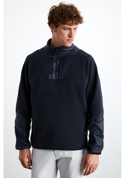 Pankraz Erkek Kalın Çift Taraflı Polarlı Paraşüt Detaylı Dik Yaka Fermuarlı Lacivert Sweatshirt