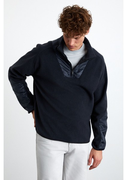 Pankraz Erkek Kalın Çift Taraflı Polarlı Paraşüt Detaylı Dik Yaka Fermuarlı Lacivert Sweatshirt fırsatları