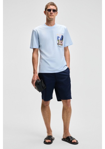 SONORA Erkek Baskı Detaylı %100 Organik Pamuk Regular Fit Kısa Kollu Mavi T-Shirt fiyatları