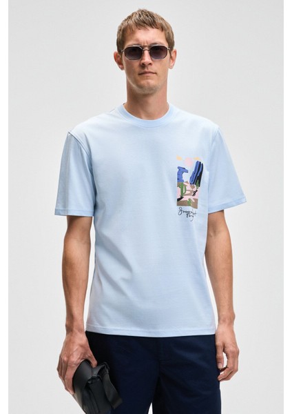 SONORA Erkek Baskı Detaylı %100 Organik Pamuk Regular Fit Kısa Kollu Mavi T-Shirt modelleri