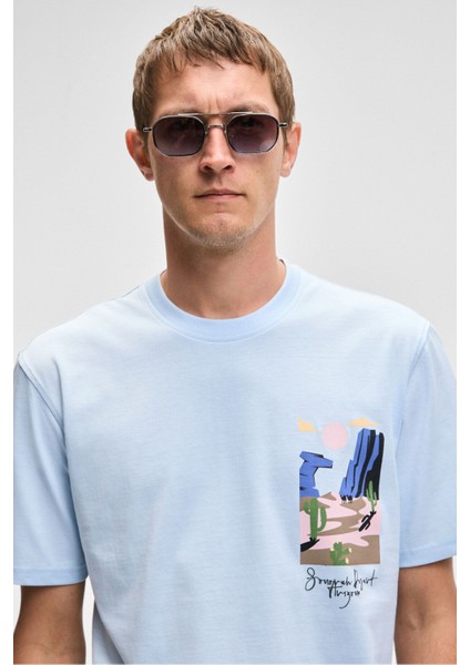 SONORA Erkek Baskı Detaylı %100 Organik Pamuk Regular Fit Kısa Kollu Mavi T-Shirt fırsatları