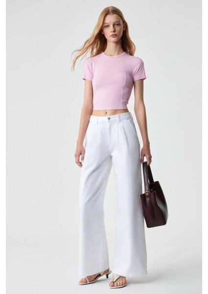 CERAEN Kadın Slim Kısa Kol Bisiklet Yaka Pembe T-Shirt fiyatları