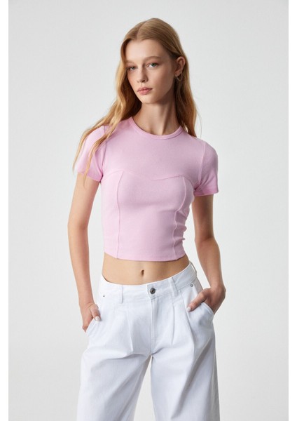 CERAEN Kadın Slim Kısa Kol Bisiklet Yaka Pembe T-Shirt modelleri