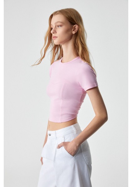 CERAEN Kadın Slim Kısa Kol Bisiklet Yaka Pembe T-Shirt fırsatları