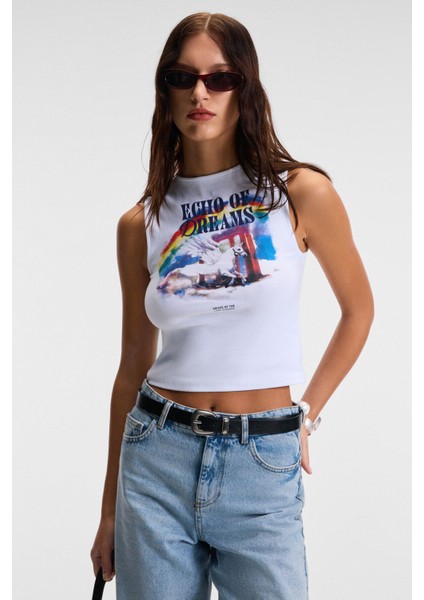 Dareva Kadın Esnek Kumaşlı Sıfır Kol Baskı Detaylı Yumuşak Dokulu Slim Fit Beyaz T-Shirt