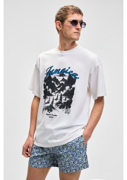 Benfıca Erkek Organik Pamuk Baskı Detaylı Oversize Kısa Kol Bisiklet Yaka Beyaz T-Shirt fırsatları