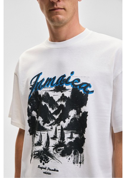 Benfıca Erkek Organik Pamuk Baskı Detaylı Oversize Kısa Kol Bisiklet Yaka Beyaz T-Shirt indirimleri