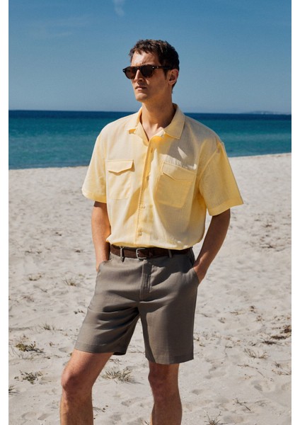 TERO Erkek %100 Pamuk Apaj Yaka Kısa Kollu Flamlı Oxford Comfort Fit Hawaii Sarı Gömlek