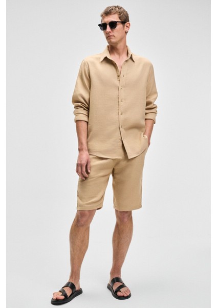Raımo Erkek %100 Pamuklu Müslin Kumaş Manşetli Uzun Kol Comfort Fit Bej Gömlek