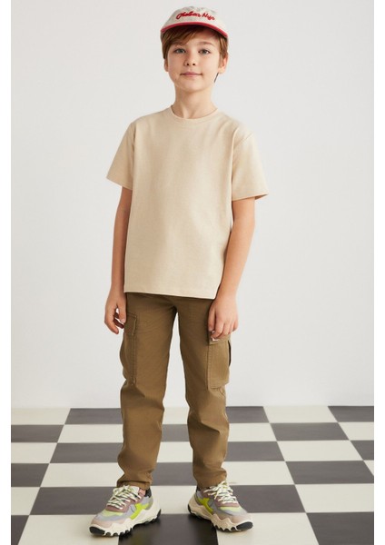 Lorenz Erkek Çocuk %100 Pamuk Bisiklet Yaka Relaxed Fit Kısa Kollu Bej T-Shirt
