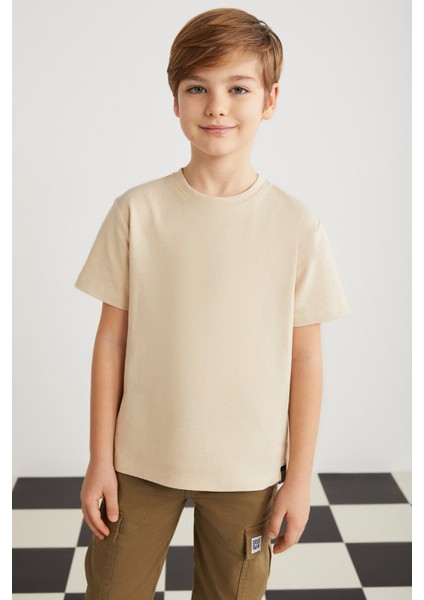 Lorenz Erkek Çocuk %100 Pamuk Bisiklet Yaka Relaxed Fit Kısa Kollu Bej T-Shirt modelleri