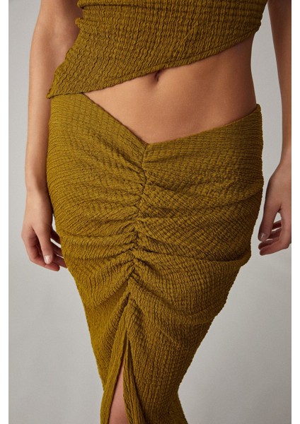 Bonıa Kadın Slim Fit Örme Yırtmaç Detaylı Yeşil Etek