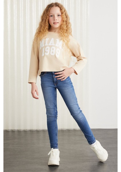 Cherly-grm24020-100% Pamuk Baskılı Kız Çocuk Uzun Kollu Tshirt Bej T-shirt fiyatları