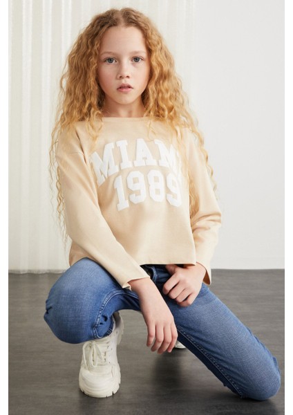 Cherly-grm24020-100% Pamuk Baskılı Kız Çocuk Uzun Kollu Tshirt Bej T-shirt modelleri