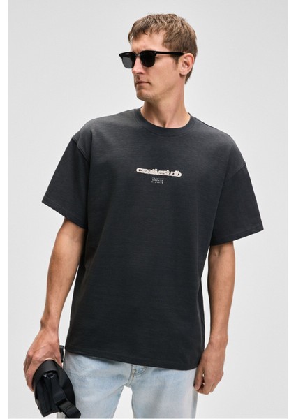 Jon Erkek Bisiklet Yaka Organik Pamuk Oversize Fit Antrasit T-Shirt modelleri