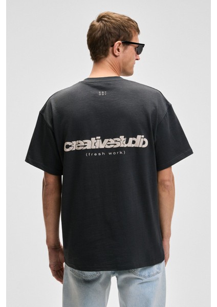 Jon Erkek Bisiklet Yaka Organik Pamuk Oversize Fit Antrasit T-Shirt