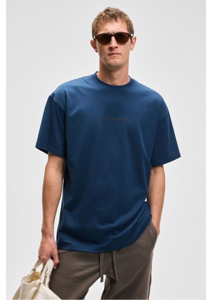 Benfıca Erkek Organik Pamuk Baskı Detaylı Oversize Kısa Kol Bisiklet Yaka Lacivert T-Shirt