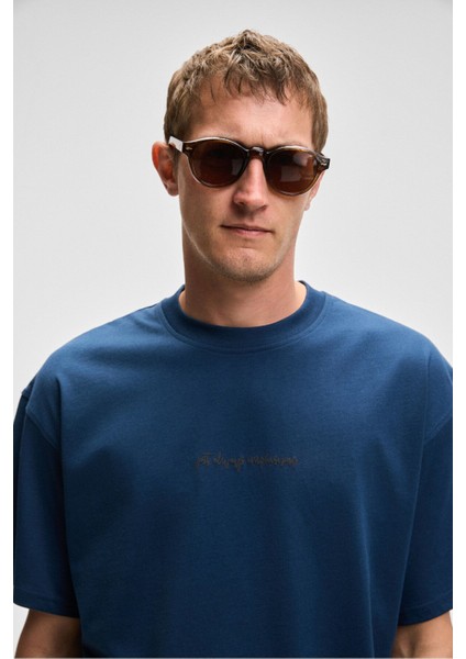 Benfıca Erkek Organik Pamuk Baskı Detaylı Oversize Kısa Kol Bisiklet Yaka Lacivert T-Shirt