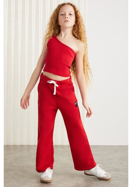 LUCIELLE-GRM24034 75% pamuk 25% polyester süs etiketli şardonlu iplik kız çocuk flare pantalon Kır modelleri