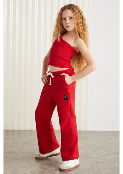 LUCIELLE-GRM24034 75% pamuk 25% polyester süs etiketli şardonlu iplik kız çocuk flare pantalon Kır indirimleri
