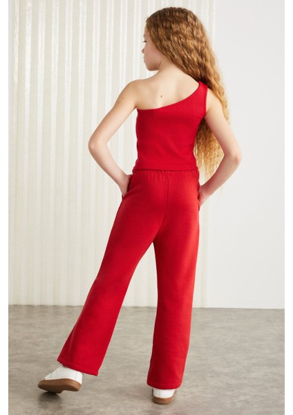 LUCIELLE-GRM24034 75% pamuk 25% polyester süs etiketli şardonlu iplik kız çocuk flare pantalon Kır