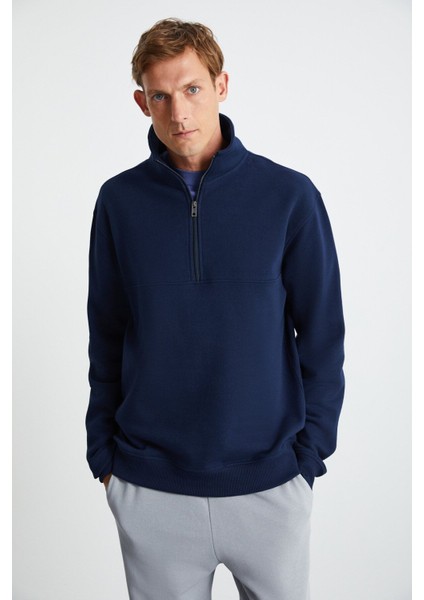 Andrıck Erkek Organik Pamuklu Dik Yaka Yarım Fermuarlı Lacivert Sweatshirt