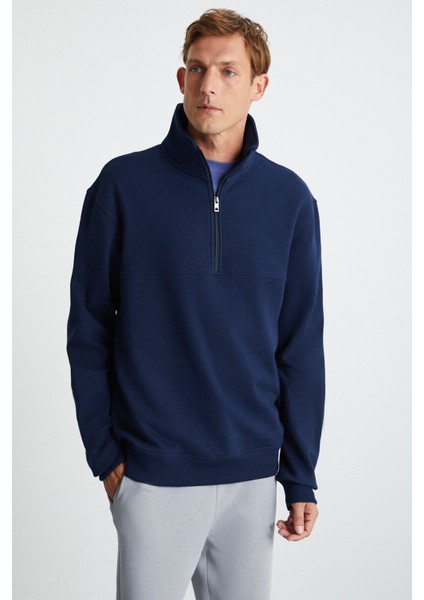Andrıck Erkek Organik Pamuklu Dik Yaka Yarım Fermuarlı Lacivert Sweatshirt fiyatları