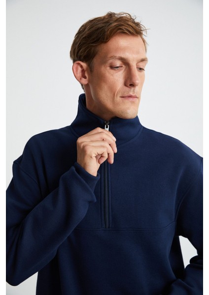 Andrıck Erkek Organik Pamuklu Dik Yaka Yarım Fermuarlı Lacivert Sweatshirt modelleri