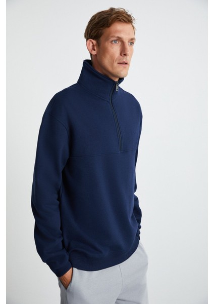 Andrıck Erkek Organik Pamuklu Dik Yaka Yarım Fermuarlı Lacivert Sweatshirt fırsatları