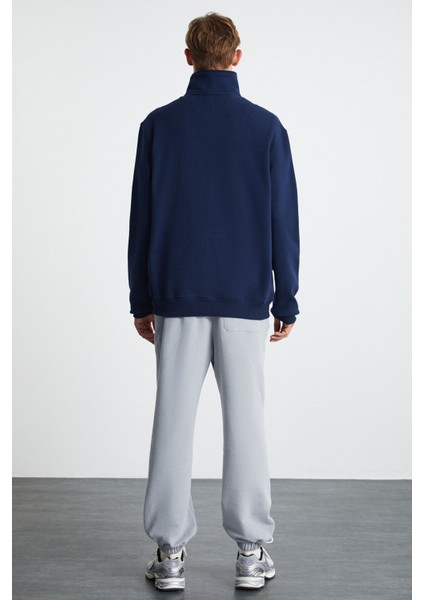 Andrıck Erkek Organik Pamuklu Dik Yaka Yarım Fermuarlı Lacivert Sweatshirt