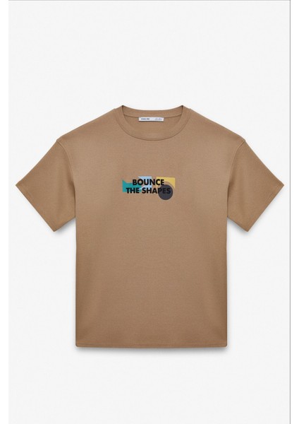 Mılennıal Erkek Oversize Fit Pamuk Kalın Dokulu Baskılı Koyu Bej T-Shirt