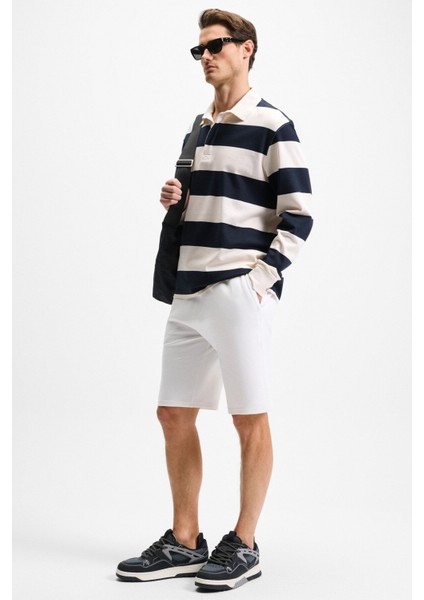 Harold Erkek Uzun Kollu Relaxed Fit Patlı Lacivert / Ekru Polo Yaka T-Shirt