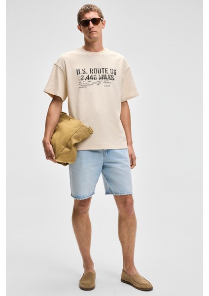 VYRO Erkek Baskı Detaylı %100 Organik Pamuk Bisiklet Yaka Oversize Vanilya T-Shirt fırsatları