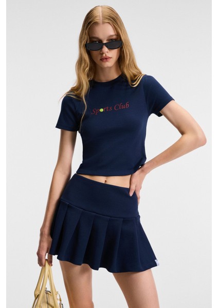 Mıreza Kadın Baskı Detaylı Slim Fit Kısa Kollu Yuvarlak Yaka Lacivert T-Shirt