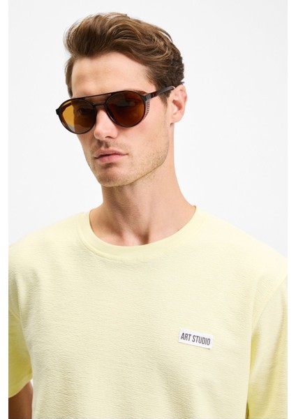 NOIR Erkek%100 Organik Pamuk Bisiklet Yaka Kısa Kol Regular Sarı T-Shirt indirimleri