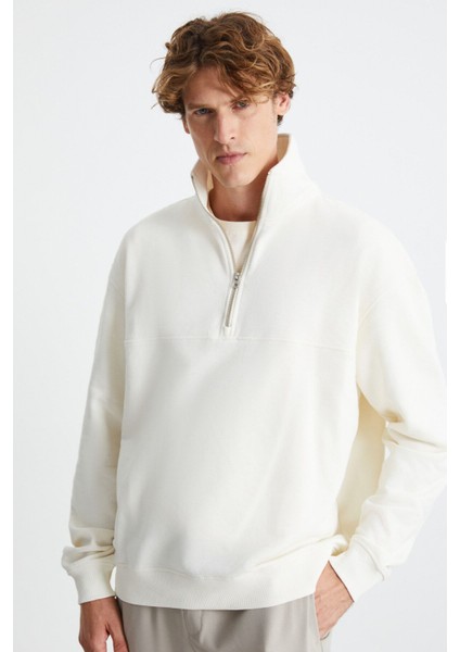 Andrıck Erkek Organik Pamuklu Dik Yaka Yarım Fermuarlı Ekru Sweatshirt