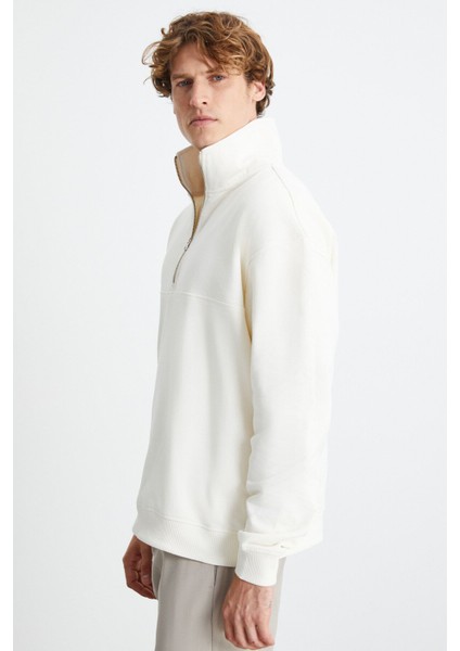 Andrıck Erkek Organik Pamuklu Dik Yaka Yarım Fermuarlı Ekru Sweatshirt fırsatları