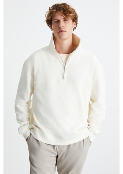 Andrıck Erkek Organik Pamuklu Dik Yaka Yarım Fermuarlı Ekru Sweatshirt indirimleri