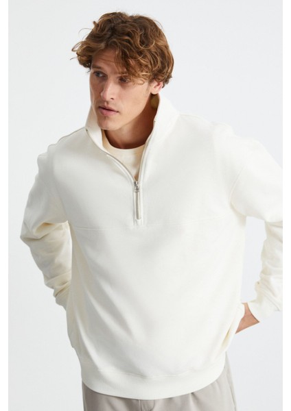 Andrıck Erkek Organik Pamuklu Dik Yaka Yarım Fermuarlı Ekru Sweatshirt