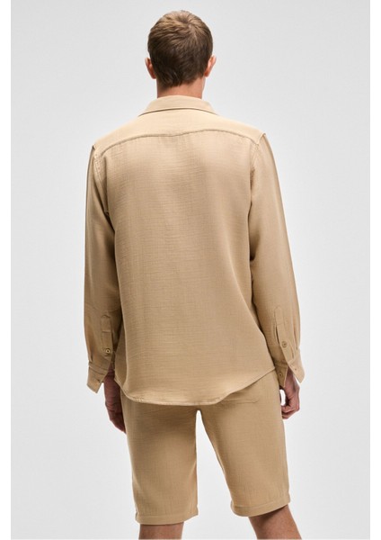 Raımo Erkek %100 Pamuklu Müslin Kumaş Manşetli Uzun Kol Comfort Fit Bej Gömlek