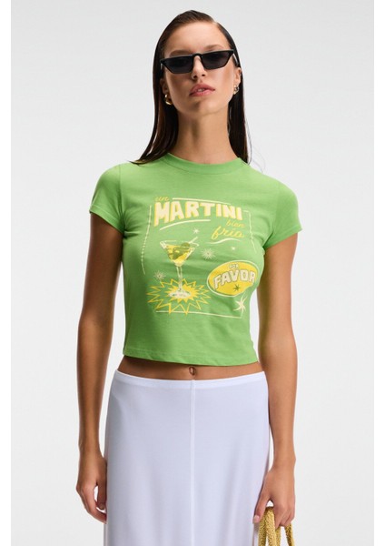 Tessıra Kadın Pamuk Bisiklet Yaka Baskılı Slim Fit Yeşil T-Shirt