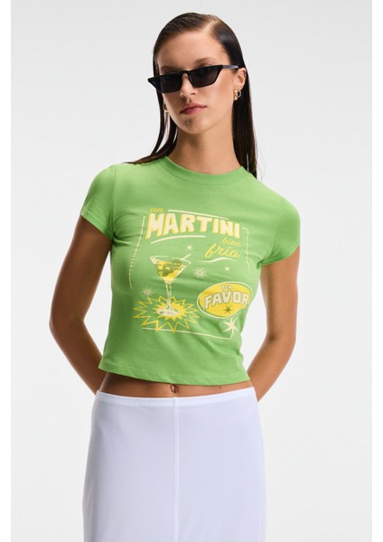 Tessıra Kadın Pamuk Bisiklet Yaka Baskılı Slim Fit Yeşil T-Shirt modelleri