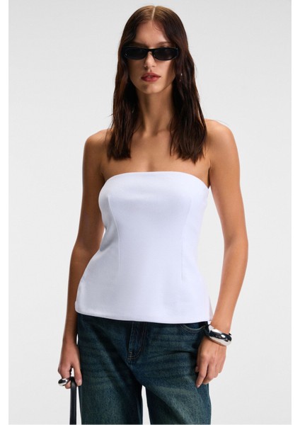 ORIANA Kadın Slim Fit Straplez Beyaz Bluz