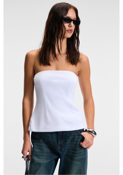 ORIANA Kadın Slim Fit Straplez Beyaz Bluz modelleri