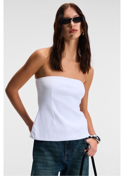 ORIANA Kadın Slim Fit Straplez Beyaz Bluz fırsatları