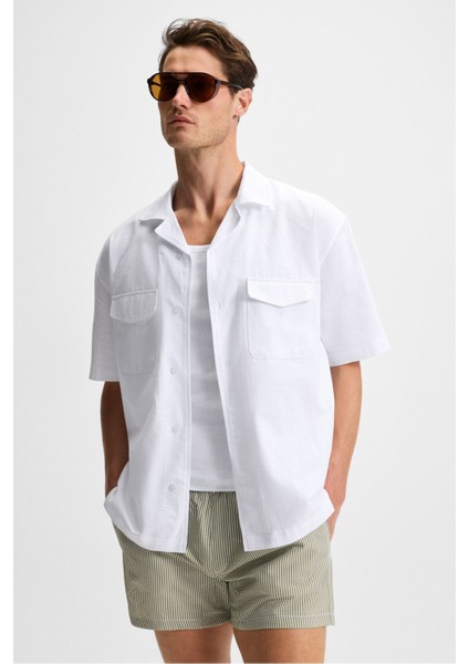TERO Erkek %100 Pamuk Apaj Yaka Kısa Kollu Flamlı Oxford Comfort Fit Hawaii Beyaz Gömlek